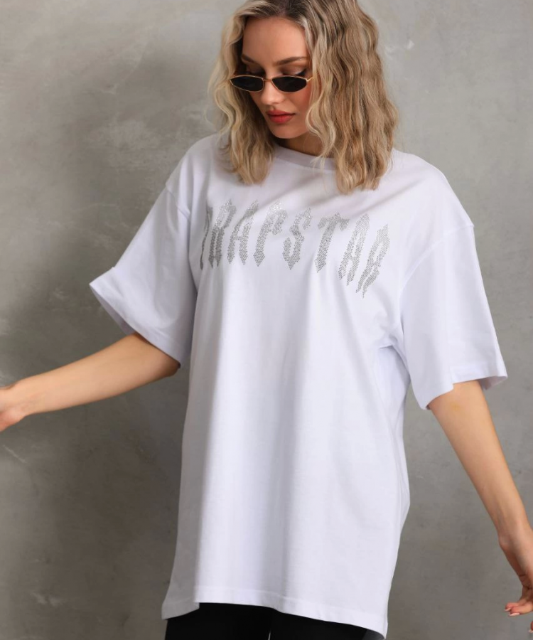 Unisex Taş Desenli Oversize T-Shirt - Beyaz