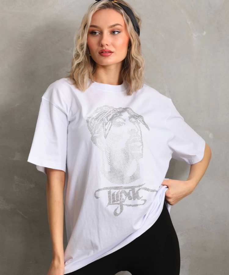 Unisex Taş Desenli Oversize T-Shirt - Beyaz