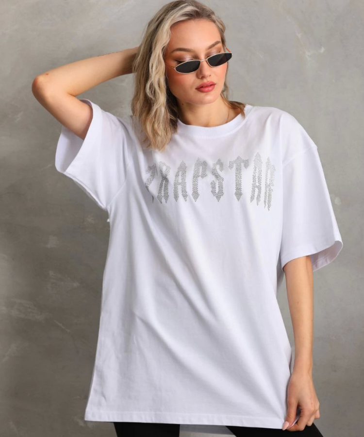 Unisex Taş Desenli Oversize T-Shirt - Beyaz