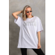 Unisex Taş Desenli Oversize T-Shirt - Beyaz