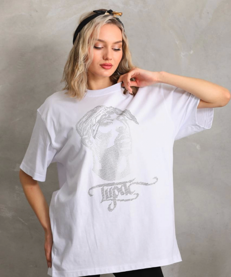 Unisex Taş Desenli Oversize T-Shirt - Beyaz