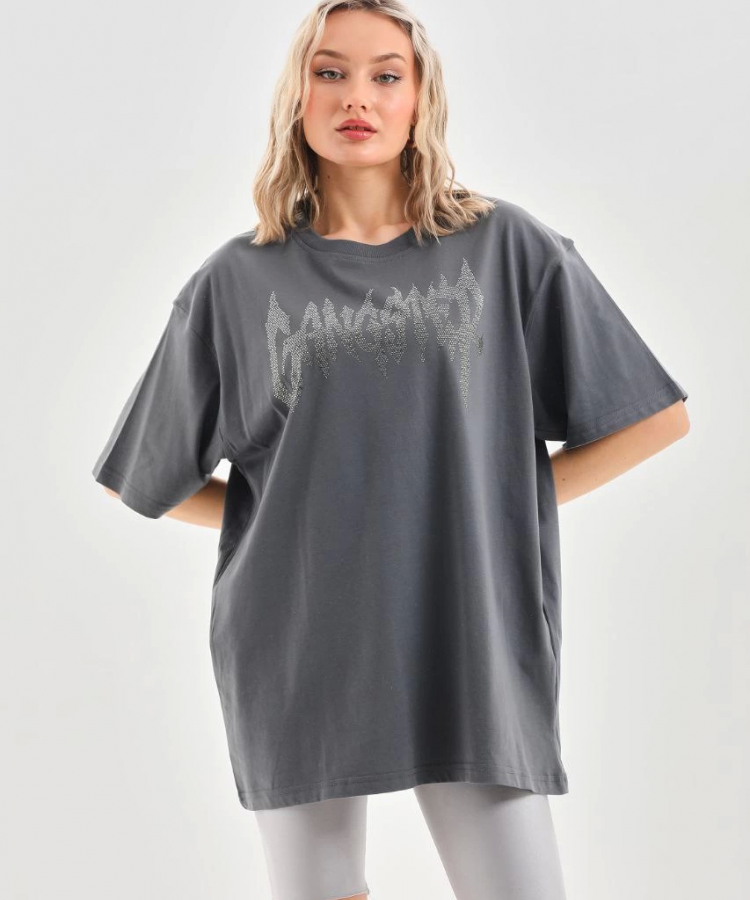 Unisex Taş Desenli Oversize T-Shirt - Füme