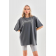 Unisex Taş Desenli Oversize T-Shirt - Füme