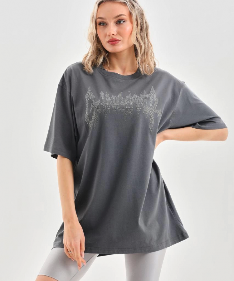 Unisex Taş Desenli Oversize T-Shirt - Füme