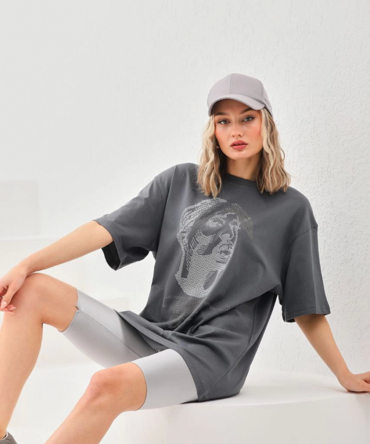 Unisex Taş Desenli Oversize T-Shirt - Füme