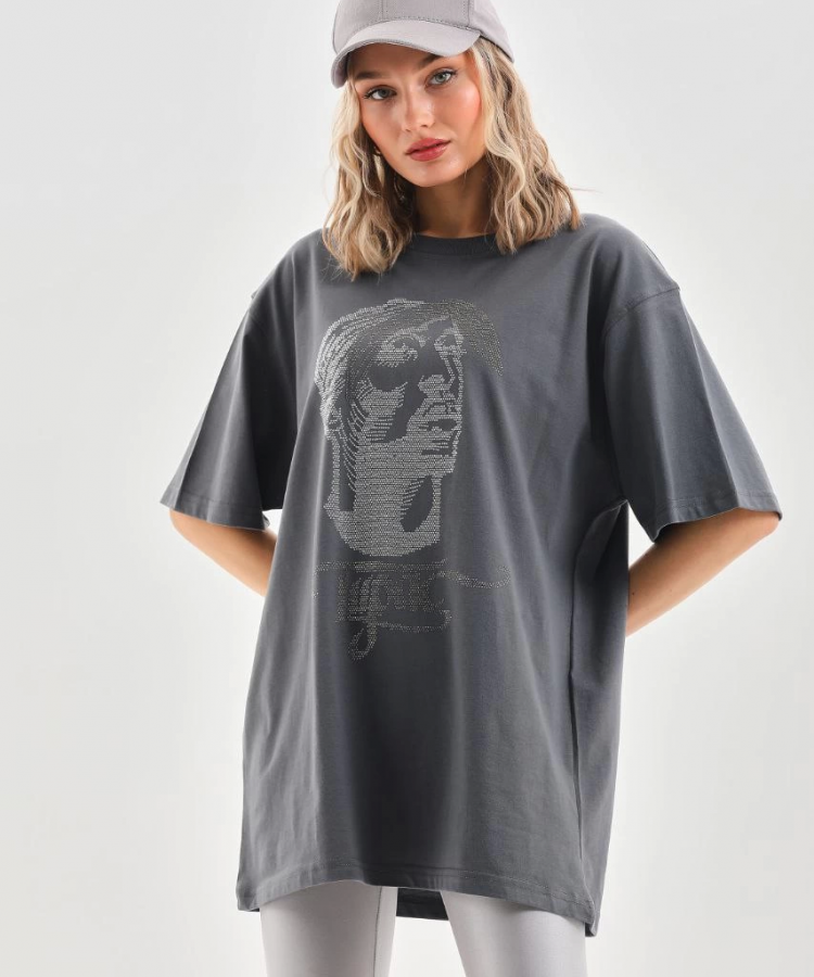 Unisex Taş Desenli Oversize T-Shirt - Füme