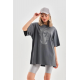 Unisex Taş Desenli Oversize T-Shirt - Füme