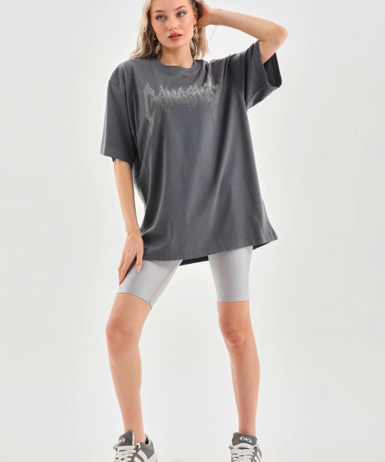 Unisex Taş Desenli Oversize T-Shirt - Füme