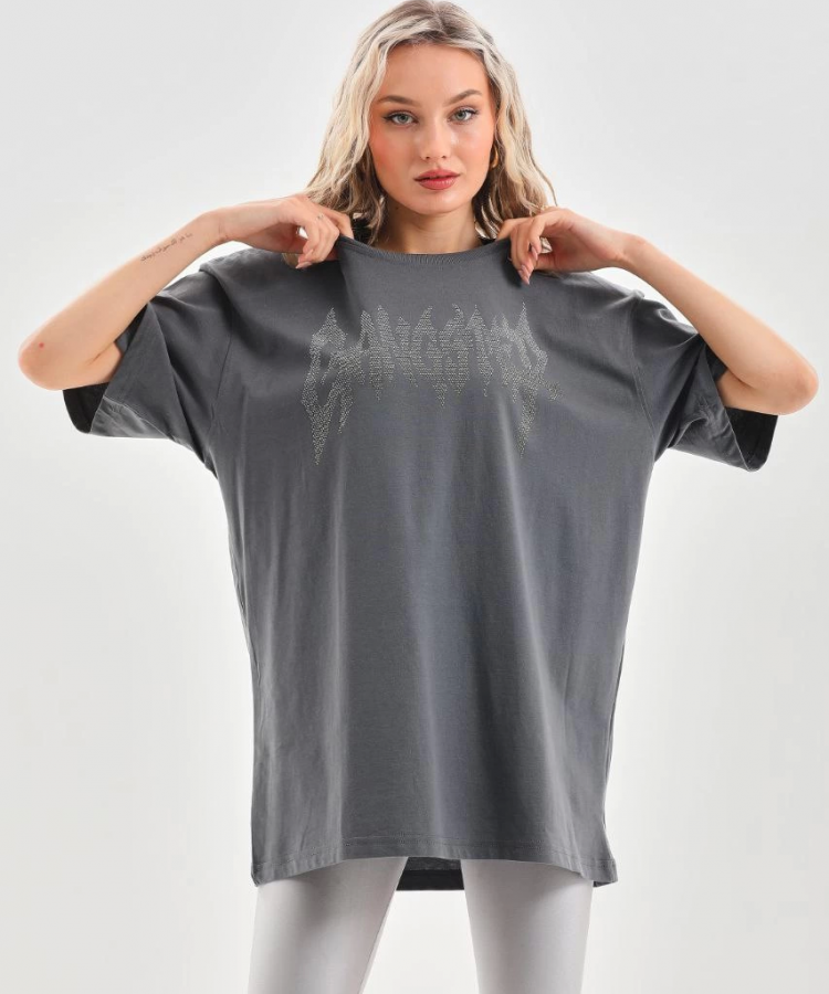 Unisex Taş Desenli Oversize T-Shirt - Füme