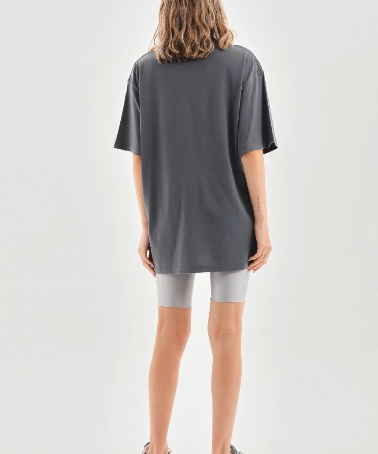 Unisex Taş Desenli Oversize T-Shirt - Füme