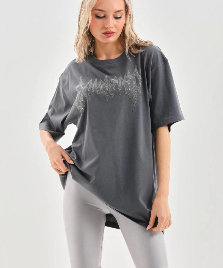 Unisex Taş Desenli Oversize T-Shirt - Füme