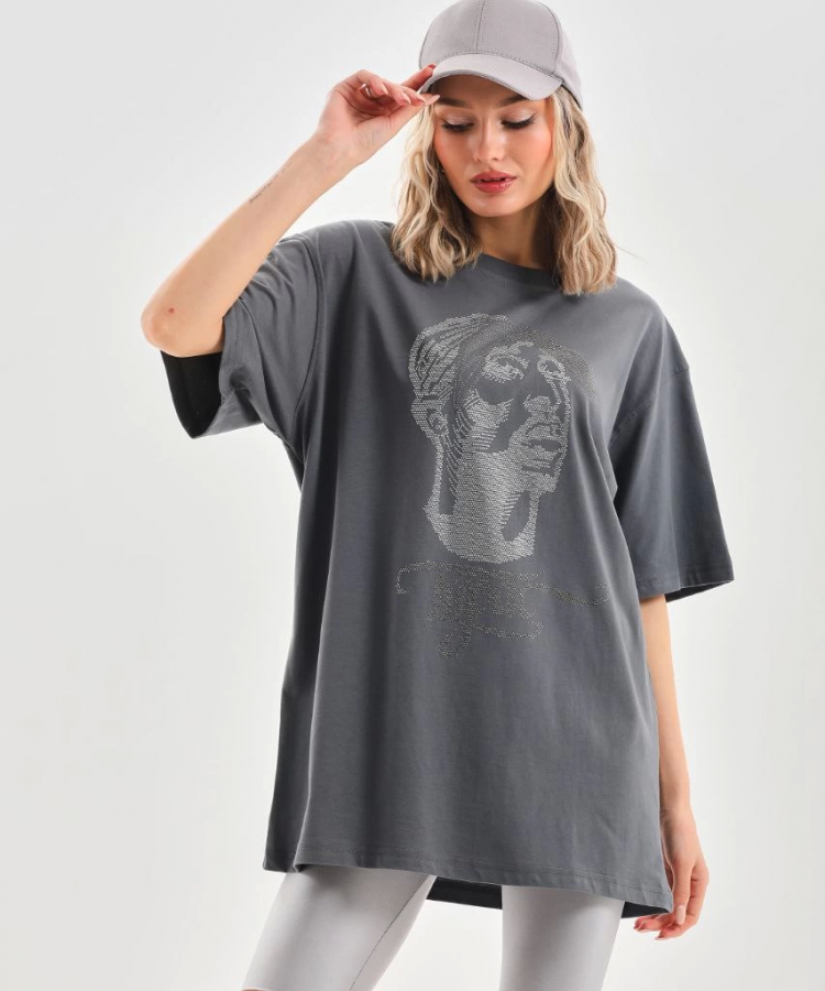 Unisex Taş Desenli Oversize T-Shirt - Füme