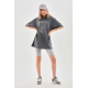 Unisex Taş Desenli Oversize T-Shirt - Füme