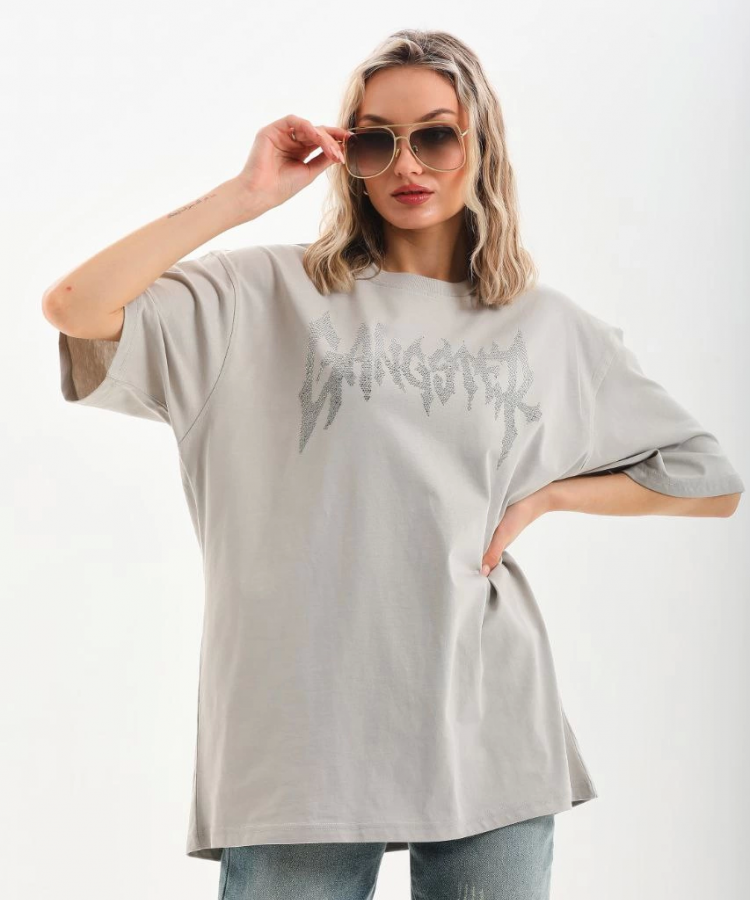 Unisex Taş Desenli Oversize T-Shirt - Gri