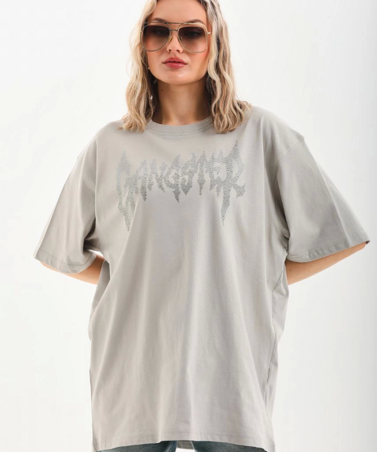 Unisex Taş Desenli Oversize T-Shirt - Gri