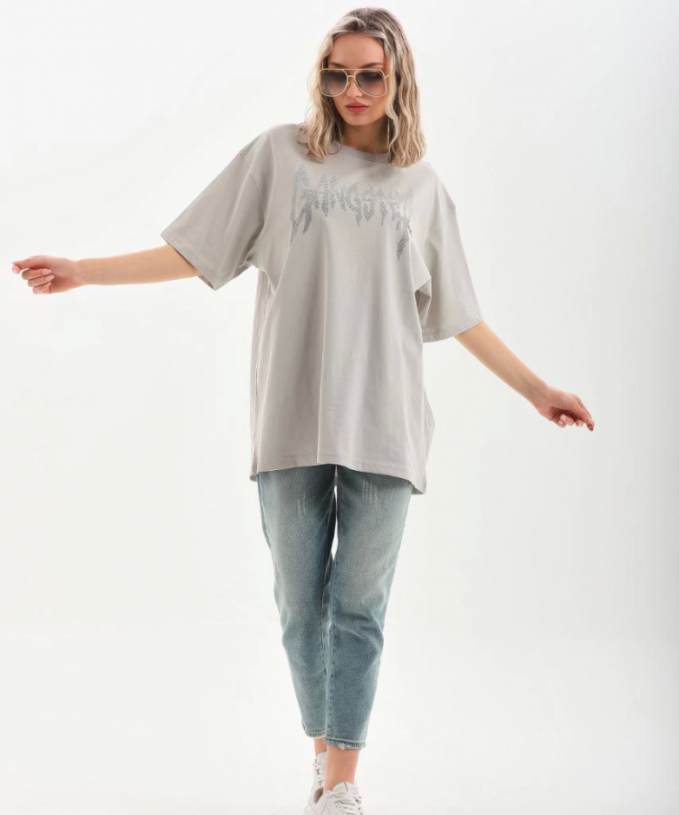 Unisex Taş Desenli Oversize T-Shirt - Gri