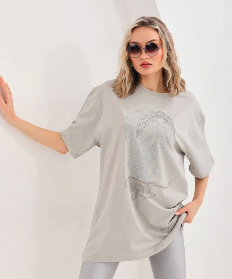 Unisex Taş Desenli Oversize T-Shirt - Gri