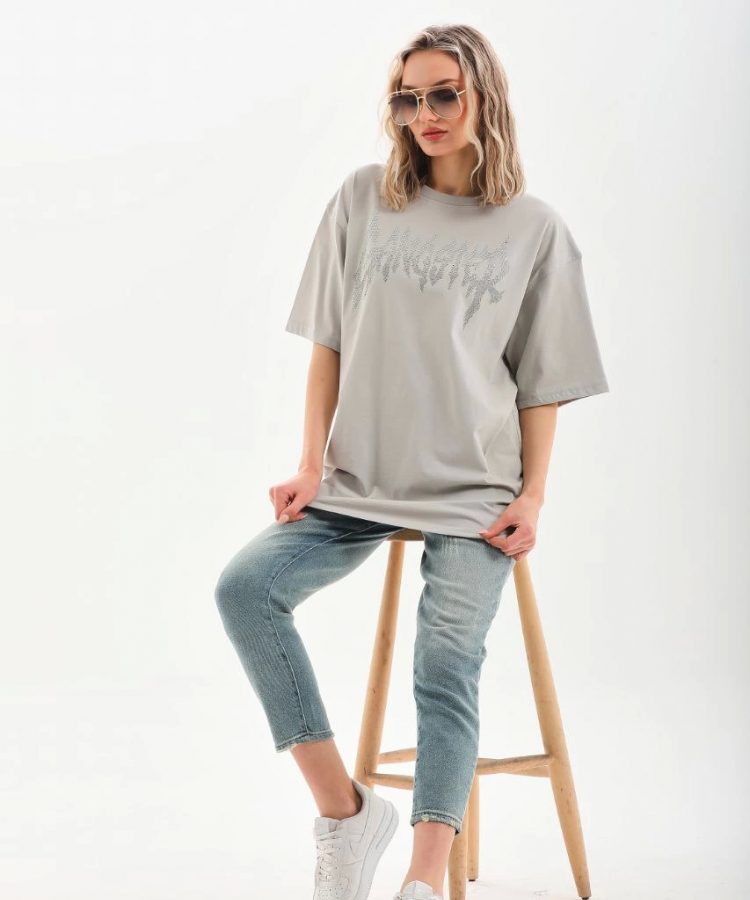 Unisex Taş Desenli Oversize T-Shirt - Gri