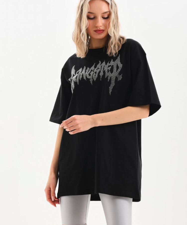 Unisex Taş Desenli Oversize T-Shirt - Siyah