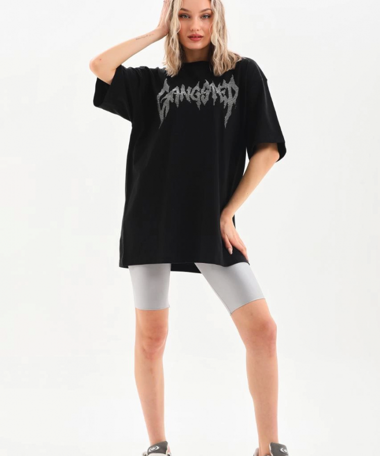 Unisex Taş Desenli Oversize T-Shirt - Siyah