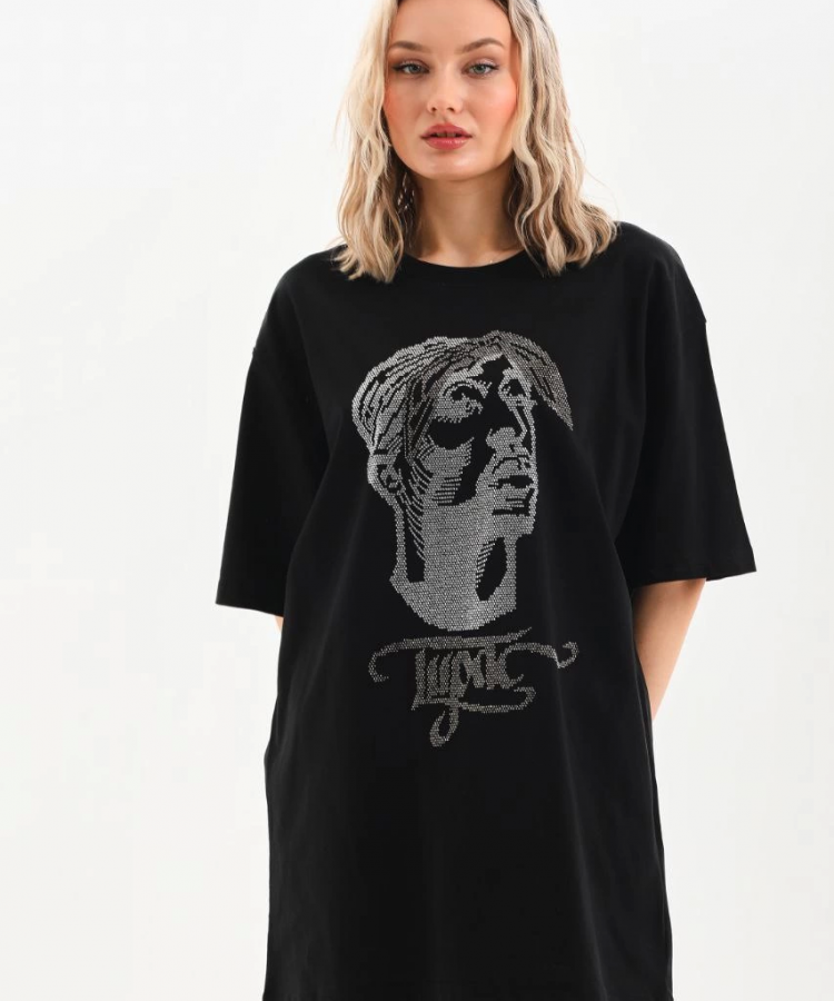 Unisex Taş Desenli Oversize T-Shirt - Siyah