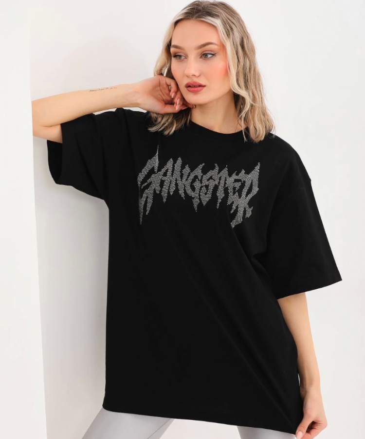 Unisex Taş Desenli Oversize T-Shirt - Siyah