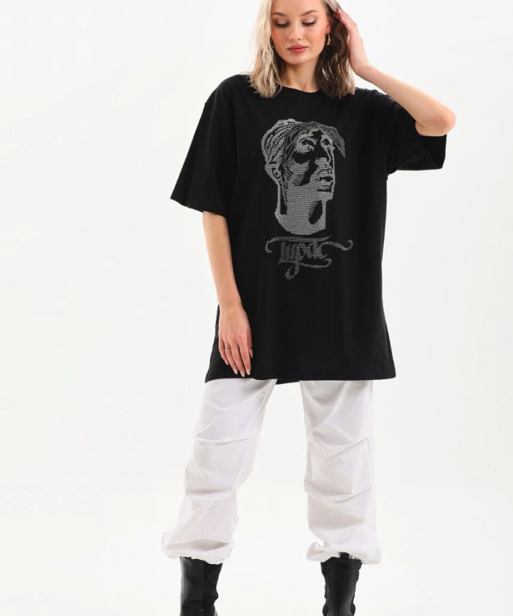 Unisex Taş Desenli Oversize T-Shirt - Siyah