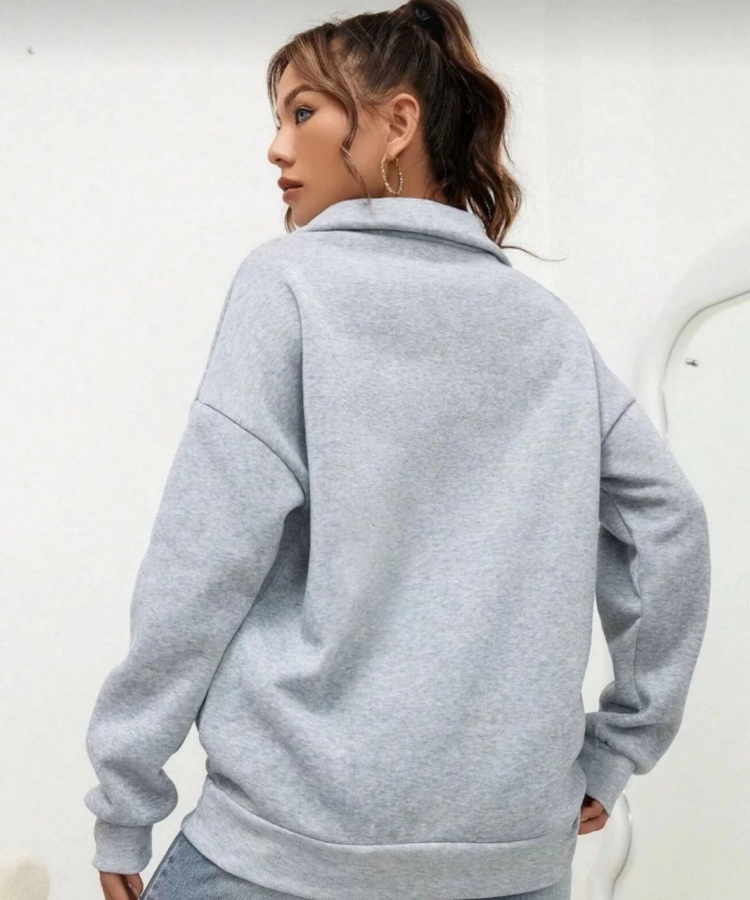 Unisex Uzun Kol Yarım Farmuarlı Yakalı Basic SweatShirt - Gri