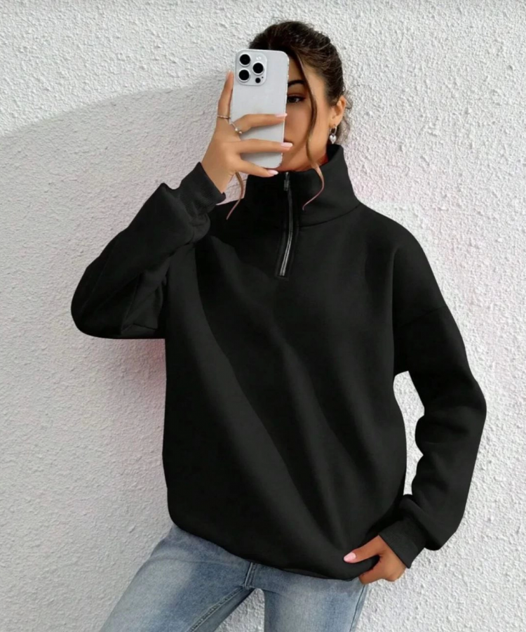 Unisex Uzun Kol Yarım Farmuarlı Yakalı Basic SweatShirt - Siyah