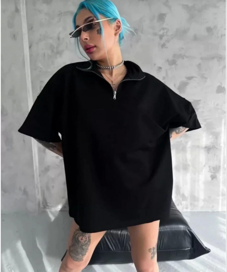 Unisex Yarım Fermuarlı Düz Oversize T-Shirt - Siyah