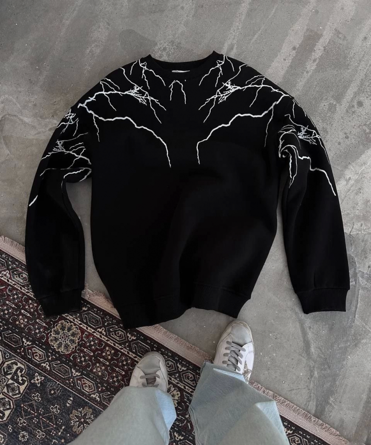 Yıldırım Baskılı Bisiklet Yaka SweatShirt - Siyah